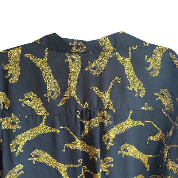 Vtg Black Leopard Print Blouse | Gold Jaguar Print | Button V-Neck Top | Large - Picture 7 of 13